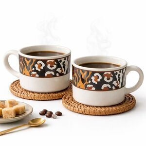 Vintage Sakura Kenya Animal Print Stoneware Coffee Mugs Set of 2 1993